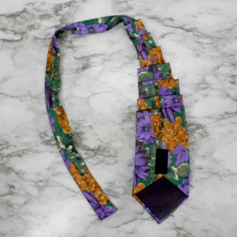 HAND CRAFTED Scarf Necklace Wrap Accessory Upcycled Necktie Purple Floral Grapes